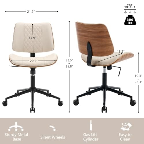 Home Office Chair No Arms with Wheels, Adjustable Height Small Desk Chair, PU Leather Mid Back 360 Swivel Computer Chair, Armless Modern Walnut Chair for Office, Reading Meeting Room(Beige)