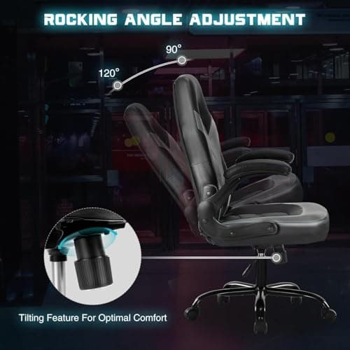 DUMOS Ergonomic Computer Gaming Chair with Flip-up Armrest, Height Adjustable PU Leather Home Office Desk Chair with Lumbar Support Swivel Wheels and for Adults and Kids, Black and Gray