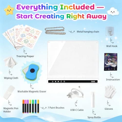 USB-C Rechargeable, 3mm Acrylic Surface, 7 Markers, Tracing Book, Clean Kit, Washable Eraser KVXAJWOT 16" LED Drawing Board, 16 Light Modes, 8 Colors, Built-in Stand B0H9L6KVJH