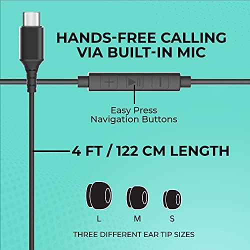 CHARGEWORX Wired Earbuds with USB-C Connector and Built-in Microphone, Corded Earphones with Noise Reduction, High-Def Stereo Sound, in-Line Audio Control, Compatible with Apple and Samsung Devices