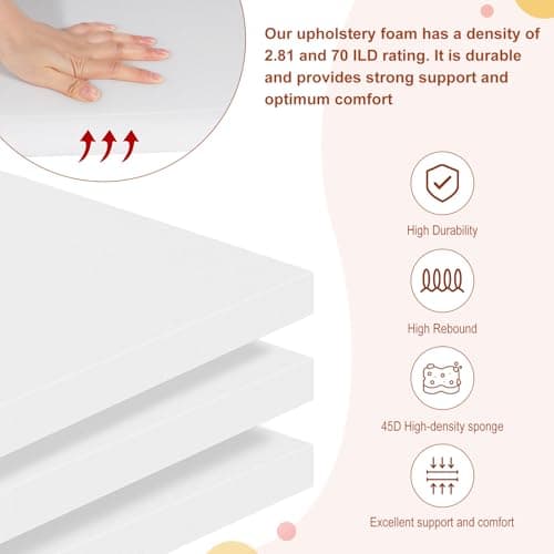 High Density Upholstery Foam 2" X 24" X 24", 3PCS Couch Cushion Replacement - 45D Density 70 ILD (Firm), Square Foam Padding for Chairs, Cut to Size Foam Replacement Cushion for Sofa Chair Bench