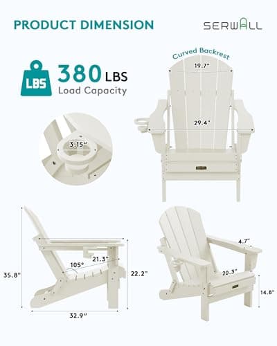 SERWALL Folding Adirondack Chair Set of 2, All Weather Patio Chair with Wood Texture, Fire Pit Chairs for Outdoor - White