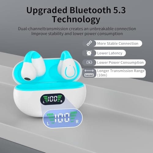 Clip On Earbuds, Bluetooth 5.3 Lightweight Comfort Bone Conduction Open Ear Headphones with LED Digital Display Charging Case Sport Built-in Mic IPX7 Waterproof for Running Fitness Android,Light Blue1