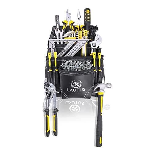 LAUTUS Oil Tanned Leather Tool Pouch Bag | Black | Carpenter, Construction, Framers, Handyman | 10 Pockets, 2 Hammer Holders | 100% Leather