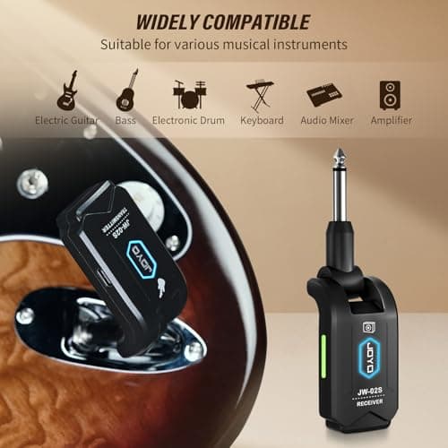JOYO 5.8GHz Wireless Guitar System Wireless Guitar Transmitter Receiver Rechargeable Audio with 4 Signal Channels for Electric Guitar Bass 20M (JW-02S)