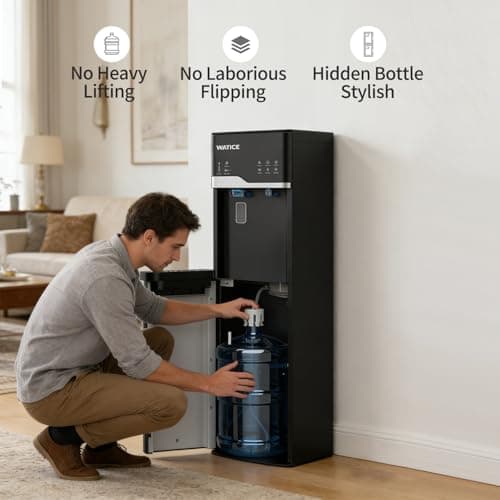 Self-Cleaning Water Dispenser with Ice Maker, Bottom Loading Hot & Cold Water Cooler for 3 or 5 Gallon Bottle - Child Safety Lock & Nightlight - Water Machine for Home, Office, Black