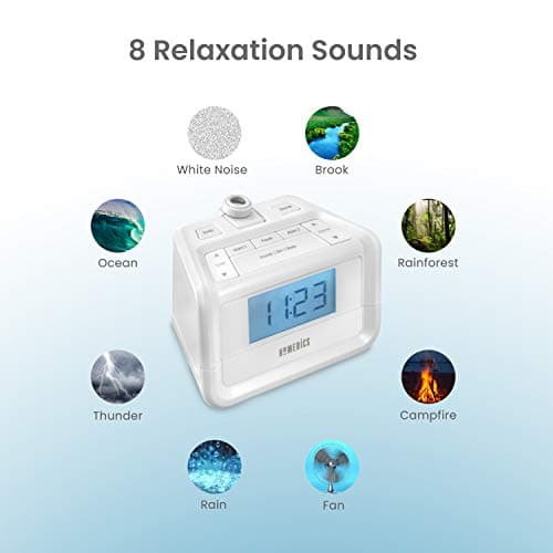 HoMedics Dual Alarm Digital FM Clock Radio Time Projection, 8 Relaxing Nature Sounds, LED Display, Multi-Alarm Snooze, Sleep Timer, Nightlight, Ceiling Clock SoundSpa, White