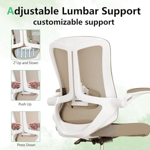Ergonomic Office Chair with Lumbar Support, High Back Mesh Desk Chair with Flip-Up Arms, Adjustable Computer Task Chair, Khaki