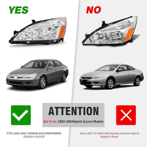 2003 2004 2005 2006 2007 Accord Headlight Assembly for 2003-2007 Honda Accord 2/4dr Clear Lens Chrome Housing with Amber Reflector Headlamp Replacement Left and Right Pair（W/O Bulbs）