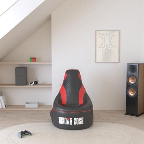 Throne Boss Gaming Bean Bag Chair Cover for Adults with High Back, Red – Large Floor Gaming Chair Cover, Easy to Clean Fabric, Large Pockets, Headphone Hanger, Requires 350 Liters Polystyrene Beans