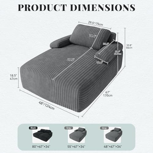 YITAHOME 67"L x 48"W Chaise Lounge Chair Indoor, Oversized Corduroy Upholstered Boneless Sofa Bed, Deep-Seat Sleeper Couch, Reading Chair, Cloud Sofa Couch for Living Room, No Assembly Required, Grey