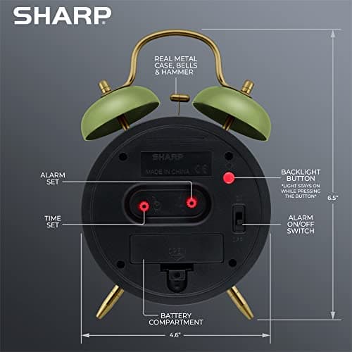 Sharp Twin Bell Alarm Clock, Loud Alarm Great for Heavy Sleepers - Stylish Matte Finish with Rustic Bronze Accents, Battery Operated (Matte Sage)