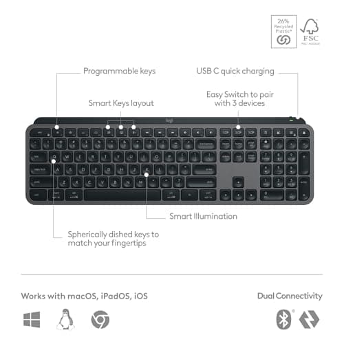 Logitech MX Keys S Wireless Keyboard, Low Profile, Fluid Precise Quiet Typing, Programmable Keys, Backlighting, Bluetooth, USB C Rechargeable, for Windows PC, Linux, Chrome, Mac - Graphite