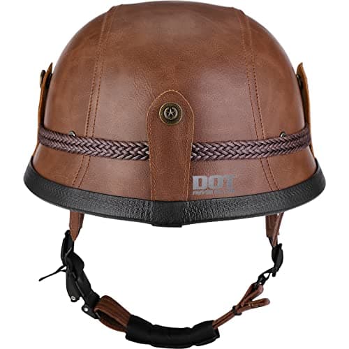 Yesmotor Motorcycle Half Helmet Retro German Handmade Leather Half Face Quick Release Buckle & Goggles - DOT Approved (Dark Brown, L)