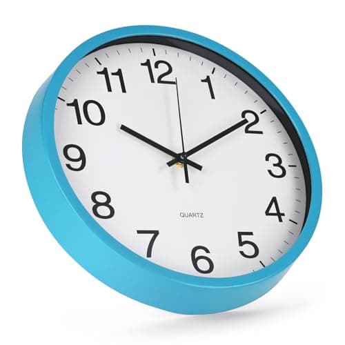 Wall Clock Non-Ticking Silent Quartz Movement Decor Clock Modern Simple Style Round Plastic Wall Clocks for Home/Office/School/Living Room/Bedroom/Kitchen (Blue, 12 Inch)