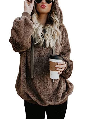 ReachMe Womens Oversized Sherpa Pullover Hoodie with Pockets Fuzzy Fleece Sweatshirt Plaid Fluffy Jacket Coat