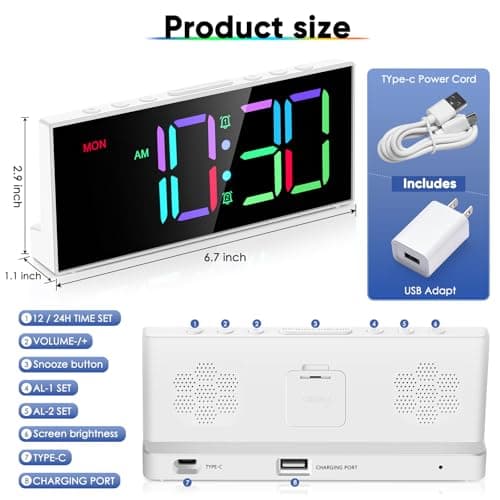 Alarm Clock with Large Display Big Numbers,5 Levels Brightness,Snooze,USB Charging Port,LED and Mirror Desk Clock,Dual Alarms Modern Electronic Clock for Bedroom Home Living Room Office. (White)
