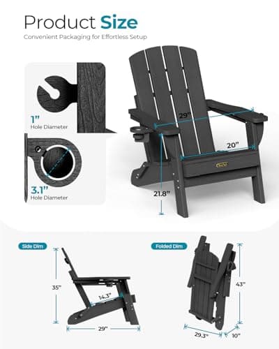 Folding Adirondack Chair, HDPE All-Weather Fire Pit Chairs, Plastic Adirondack Chairs with 2 Cup Holder, Outdoor Lawn Chair for Patio Garden (Black)