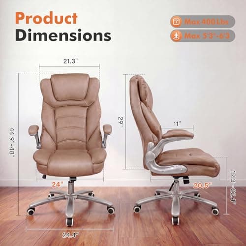 GYI Big and Tall Office Chair 400lb Wide Seat, Ergonomic High Back Leather Executive Desk Chair with Flip-up Arms, Brown