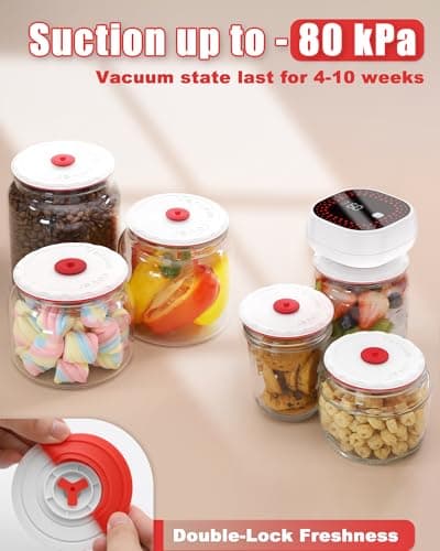 Electric Mason Jar Vacuum Sealer Kit - Auto-Stop with Digital Display, 60kPa Ultra Strong Suction for Wide/Regular Mouth Jars, Preserve Freshness 12X Longer (Includes 6 Lids & Bag Adapters)