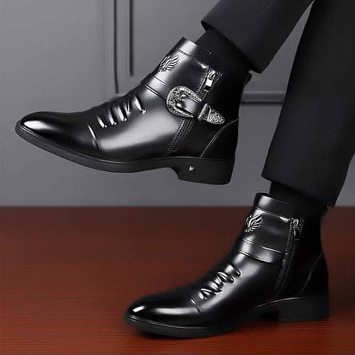DONRRNDK Men's Leather Embossed Pattern Ankle Boots with Buckle Strap Retro Round Toe Side Zipper Non Slip Block Low Heel Dress Booties for Formal Casual Wear Short Boots