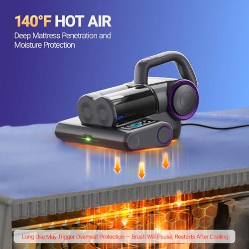 FEPPO Mattress Vacuum Cleaner, 16Kpa Bed Vacuum Cleaner with 253.7nm UV-C Light, 140°F Heat, HEPA Filter & Ultrasonic, Versatile Handheld Vacuums for Bed, Sofa, Couch, Crib(Corded, 500W)