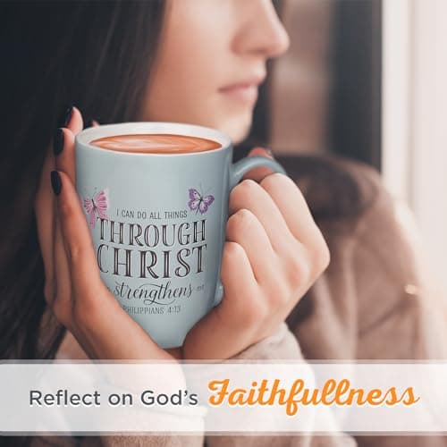 Christian Art Gifts Inspirational Microwave/Dishwasher Safe Ceramic Coffee & Tea Scripture Mug for Women: All Things Through Christ Encouraging Bible Verse, Cute Butterflies, Light Blue/White, 12 oz.