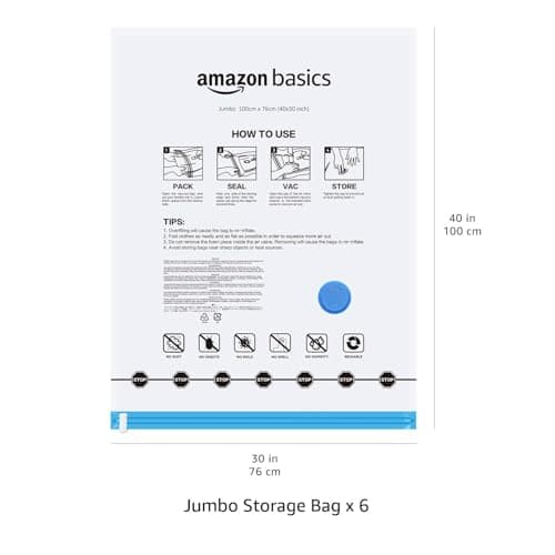 Amazon Basics Vacuum Compression Space Saving Storage Bags with Hand Pump for Clothes Packing, Jumbo, Clear, Pack of 6