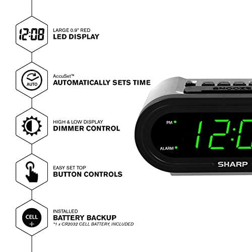 Sharp Digital Alarm with AccuSet - Automatic Smart Clock, Never Needs Setting - Great for Seniors, Kids, and Everyone who Doesn't Want to Set a Clock! Silver Case with Green LEDs
