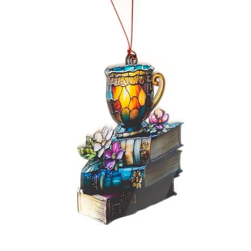 Book Ornament, Tea Books Floral Acrylic Suncatcher, Book Lover Gifts for Women, Christmas Ornaments for Tree, Gift for Readers Friends Coworker, Hanging Literary Decor, Holiday Ornaments