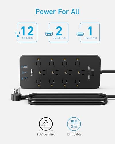 Anker Power Strip with 3 USB Ports, Surge Protector (2100J-10ft), 12 Outlets, 2 USB-A Ports and 1 USB-C Port, Works with iPhone 16/16 Plus/16 Pro/16 Pro Max, for Home, Office, TUV Listed