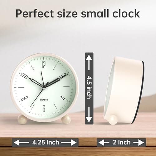 Analog Alarm Clock, 4 inch Super Silent Non Ticking Small Clock with Night Light, Battery Operated, Simple Design, Old Fashioned Style Cream Decor, for Bedroom, Bedside, Desk, Adult, Kid, Gift, White