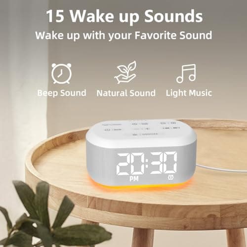 Small Digital Alarm Clock for Bedrooms Sound Machine with 30 Soothing Sound Plug in Bedside Clock with Night Light Noise Machine Battery Backup 15 Wake up Sound Clock for Teen Kid Heavy Sleeper Snooze