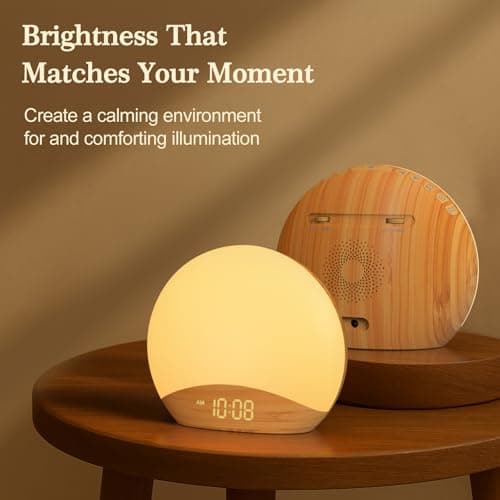 REACHER Wood Grain Sunrise Alarm Clock and Sound Machine Nightlight, Digital Dimmable Clock for Bedroom, 26 Sleep Sounds, White Noise Machine for Baby, Adults, Wake Up Light Alarm Clock for Kids