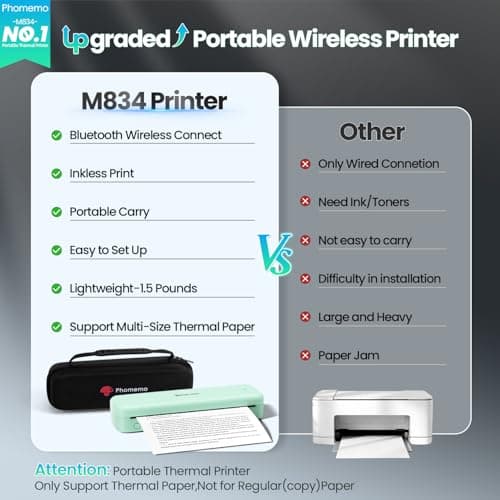 Phomemo Portable Printers Wireless for Travel Upgraded, M834 Bluetooth Label Printers 8.5" x 11"& A4 Size,Desktop Label Printers with Carry Case for Travel,Office,School,Car,Home,Light Green