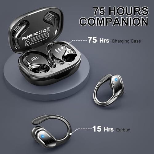 Wireless Earbuds, Sport Bluetooth 5.4 Headphones 2026 New Bluetooth Earbuds with 75Hrs Stereo, 4 ENC Mic, Noise Canceling Over-Ear Buds with Earhooks, IP7 Waterproof Earphones for Workout/Running/Gym