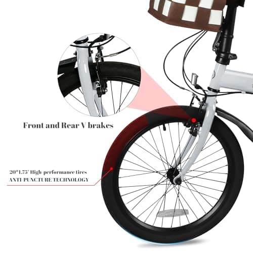 20 Inch Folding Bike with 7-Speed, Foldable Bikes for Adults, Lightweight Folding Bicycle with Basket, Fender, Front and Rear V-Brakes, Adjustable Seat