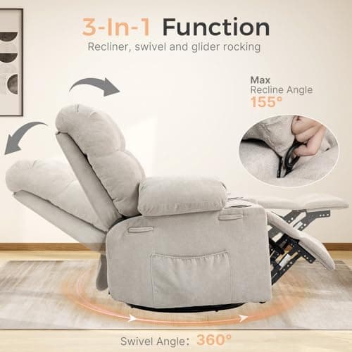 Quiet Massage Recliner Chair with Heat, 360 Swivel Rocker Glider for Nursing, Back Pain Relief, Manual Overstuffed Single Sofa with Cup Holders & Side Pockets, Oatmeal Gray