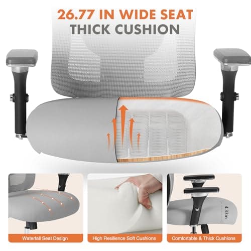 Sweetcrispy Big and Tall Office Desk Chair with Lumbar Support, 500lbs Heavy Duty Mesh Ergonomic Computer Chair with 4D Armrest and Wide Comfy Seat, 360° Swivel Wheels for Adult, Grey