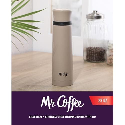 Mr. Coffee Silverleaf 23 oz Stainless Steel Thermal Bottle – Double Wall Vacuum Insulated Travel Mug with Leak-Proof Lid, Taupe – Hot & Cold Beverage Flask for Work, Commute, or Camping