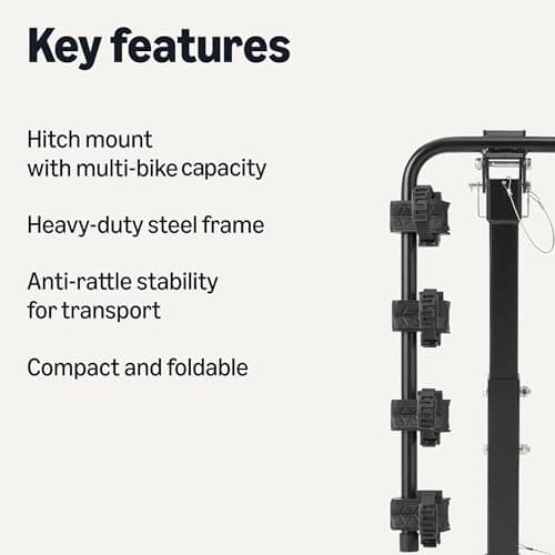 Amazon Basics 4-Bike Hitch Rack with 2" Hitch for Car, SUV and Truck, Heavy-Duty Steel Frame, Foldable, Anti-Rattle Stability, 132-Pound Capacity