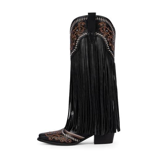 Modatope Cowboy Boots for Women Fringe Knee High Boots Embroidered Cowgirl Western Pointed Toe Chunky Heel Slip on Wide Calf Cowboy Boots