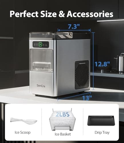 Nugget Ice Maker 40lbs/Day, Countertop Ice Maker Soft Chewable Ice, Ice Makers One-Click & Self-Cleaning, Crushed Pellet Ice Machine with Scoop&Basket for Home/Kitchen/Office, Stainless Silver