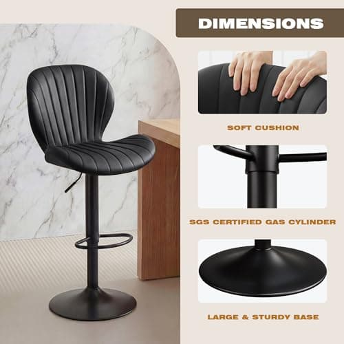 GRUSIGN Bar Stools Set of 2, Modern Swivel Adjustable Bar Chairs, Faux Leather Upholstered Counter Height Bar Stools with Backrest, Comfort Barstools for Kitchen Island, Home Bar, Black