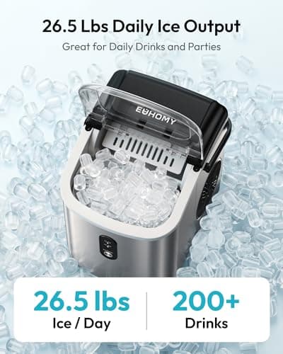 EUHOMY Ice Maker Countertop, Portable Ice Machine with Carry Handle, 26.5lbs Per Day, 9 Cubes in 6 Mins, Auto-Cleaning, with Basket and Scoop, for Home, Kitchen, Camping, RV (Silver)