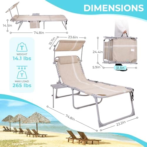 #WEJO 4-in-1 Tanning Chair with Face Hole and Side Table - 5-Position Face Down Folding Chaise Lounge with Canopy Shade & Cup Holder - Portable Heavy Duty Tanning Bed for Beach, Pool, Patio (Khaki)