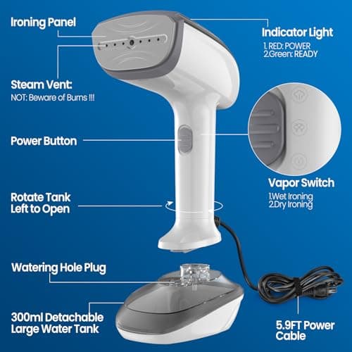 Powerful Handheld Fabric Steamer - 1800W with Fast Ceramic Heat-Up Plate, 2-in-1 Ironing & Wrinkle Remover, Steam Nozzle, Lint Brush - White, for US 120V Only