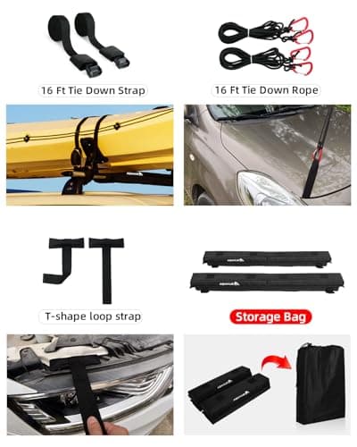 Abahub Soft Roof Rack Pads with 2 Tie Down Straps, 2 Tie Down Ropes, 2 Hood Loops and Storage Bag, for Surfboard, Kayak, Canoe, Heavy Duty Universal Car Roof Racks System Black 30 Inch