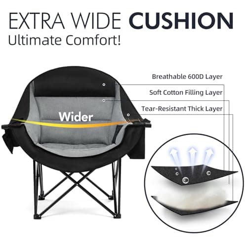 Oversized Camping Chairs for Adults - Heavy Duty Padded Outdoor Folding Lawn XL Camp Chair with Cup Holder Cooler Pockets for Outside Sports Beach Fishing Garden Portable Supports 500lbs, Black