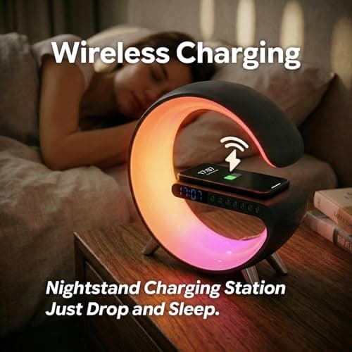 Smart LED Table Lamp for Bedroom with Wireless Charging Bluetooth Speaker, App Controlled Night Light for Kids, Christmas Birthday Gifts for Teens Adults Desk Office Bedroom Decor (Black B0GTYVCXBM